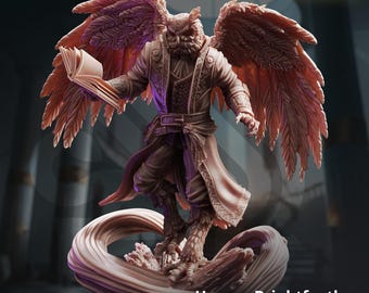 Évocation Brightfeather Mini Hoover | Magicien MD Stash Bird Mage | Miniature de sorcier hibou d'Aarakocra | 32 mm Gaming Échelle d'affichage 75 mm