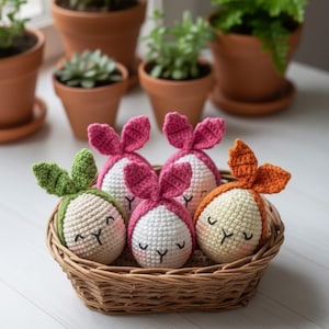 May include: A wicker basket holds five crocheted bunny-shaped toys. The bunnies have white bodies, with pink, green, and orange ears. Each bunny has a smiling face with closed eyes and a small black stitched mouth.