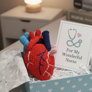 Puede incluir: Un corazón anatómico tejido a ganchillo en rojo, azul y rosa, presentado en una caja azul claro. La caja contiene una tarjeta con un diseño de estetoscopio y la frase "For My Wonderful Nurse".