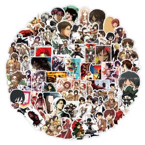 May include: A set of 50 Attack on Titan anime stickers featuring various characters from the show. The stickers are printed on high-quality vinyl and are waterproof and durable. They are perfect for decorating laptops, water bottles, notebooks, and more.