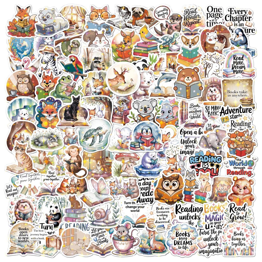 100 PCS Cute Reading Animal Sticker Pack | Book Lover Aesthetic Decals ...