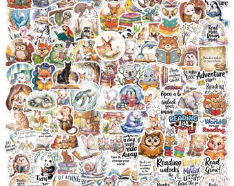 100 PCS Cute Reading Animal Sticker Pack | Book Lover Aesthetic Decals for Journal, Laptop