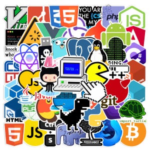 May include: A selection of vibrant stickers with tech and programming themes. Includes logos for HTML, JavaScript, Python, and Git, alongside a retro computer and Pac-Man. The stickers are in diverse shapes and sizes, suitable for laptops or notebooks.
