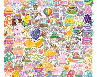 100 PCS Cute Easter Bunny & Egg Sticker Pack | Colorful Holiday Cartoon Decals for Kids, Laptop Party Favors