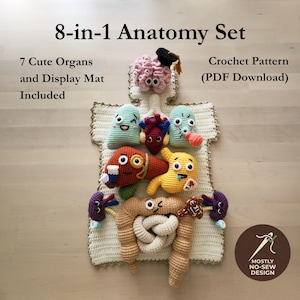 May include: An 8-in-1 anatomy set crochet pattern PDF download featuring seven colorful crocheted organs including a brain with a graduation cap, lungs, heart, liver, stomach, intestines, and kidneys arranged on a white display mat.