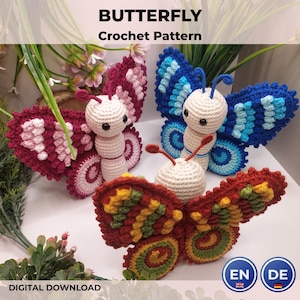 May include: Three handmade crochet butterflies with round cream-coloured heads and bodies, featuring textured wings in shades of pink, blue, and multi-coloured red, green, and yellow. The text reads BUTTERFLY Crochet Pattern and DIGITAL DOWNLOAD.