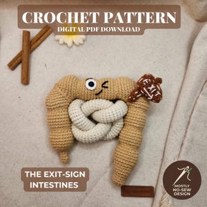 Puede incluir: Un patrón de ganchillo en descarga digital PDF para un peluche con forma de intestino en color tostado y blanco con una cara y un accesorio de señal de salida marrón. El texto dice CROCHET PATTERN, DIGITAL PDF DOWNLOAD, THE EXIT-SIGN INTESTINES.