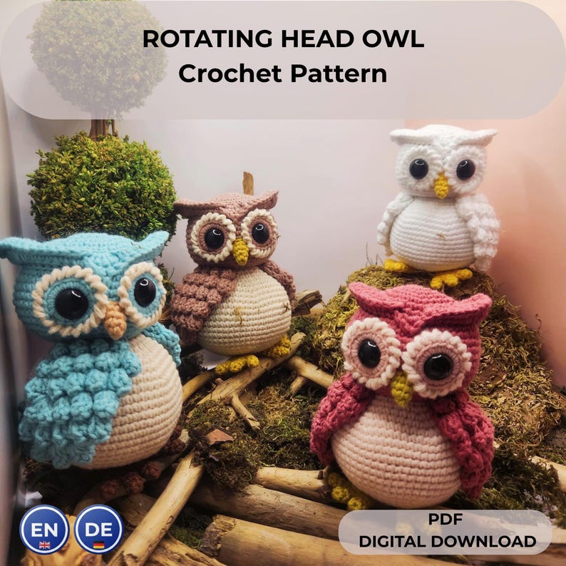 May include: Four crocheted owl figures in light blue, brown, pink, and white, each with large black eyes and yellow beaks. The text reads ROTATING HEAD OWL Crochet Pattern and PDF DIGITAL DOWNLOAD. The owls are displayed on a mossy, twig-filled base.