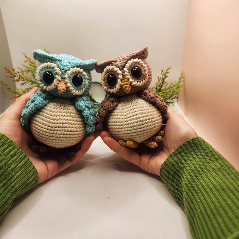 May include: Two crocheted owl figurines, one in light blue and one in dusty brown, both featuring large black plastic eyes, cream-colored bellies, and textured wings. Each owl has a small pointed beak and small feet, crafted with detailed yarn stitches.