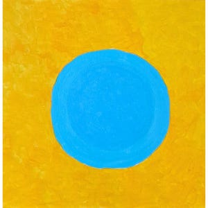 Pensamiento invertido de la vida. Quizás un círculo azul en el medio. Quizás amarillo con un círculo azul. Pintura acrílica sobre lienzo. Pintura abstracta
