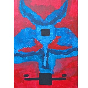 En todas las cosas bellas puedes encontrar algo malo. Obra de acrílico sobre lienzo. Azul. Rojo. Cuadrado negro.