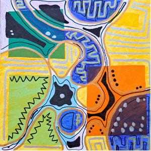 Fin de comer. Pequeña pintura acrílica abstracta azul amarillo naranja. Arte colorido de lienzo acrílico, obra de arte original hecha a mano