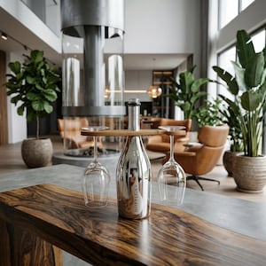Peut inclure: Une bouteille de vin argentée avec le mot "BOTTEGA" sur l'étiquette, maintenue par un support en bois avec deux verres à vin. La bouteille et les verres sont sur une table en bois foncé. L'arrière-plan comprend des plantes et une cheminée moderne.