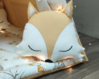 Hand-Drawn Fox Pillow for Nursery, Illustrated Woodland Animal Cushion, Neutral Baby Room Decor