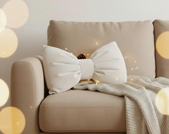 White Velvet Bow Pillow, Christmas Ribbon Cushion, Luxury Holiday Decor, Cozy Handmade Xmas Gift