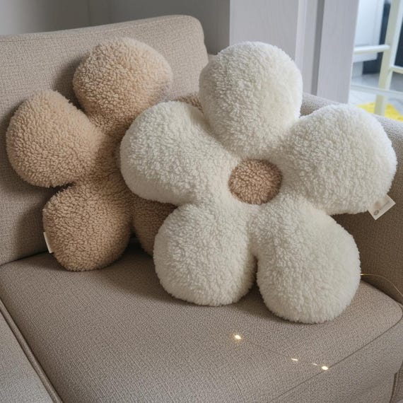 Handmade White Sherpa Flower Pillow – Boho Nursery Decor Cushion