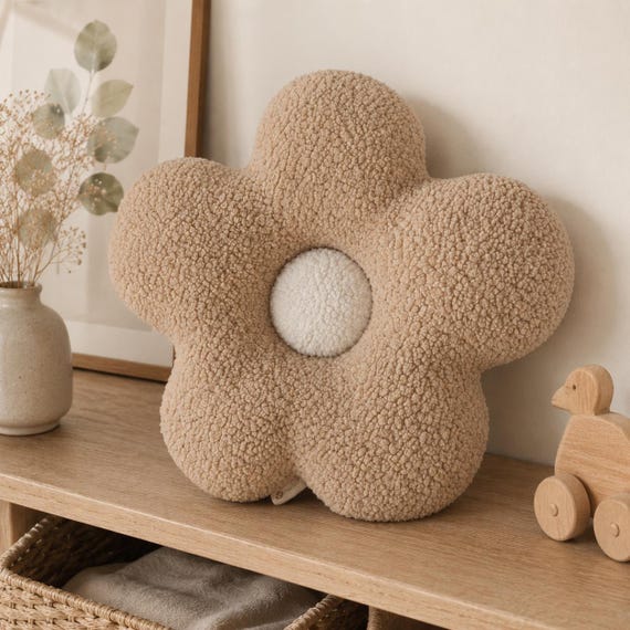 Beige Sherpa Flower Pillow – Handmade Plush Boho Nursery Cushion