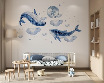 Watercolor Whales and Moon Wall Decals: Ocean Nursery Decor