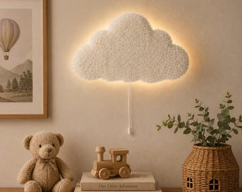 White Bouclé & Wood Cloud Night Light – Handcrafted Lamp for Nursery and Kids Room Decor