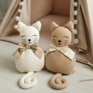Handmade Beige & White Smiling Cat Pillow – Plush Kitty Cushion for Nursery