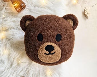 Brown Teddy Bear Pillow: Soft Boucle Woodland Nursery Cushion