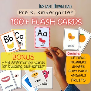100 cartões flash para alunos que educam em casa PreK Kindergarten com BÔNUS 48 cartões de afirmação de positividade para construir autoestima em casa e nas crianças