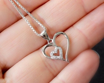 Collar colgante Open Heart de plata de primera ley con circonitas- colgante de collar de corazón, cadena colgante de corazón amor colgante corazón regalo para ella