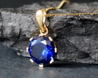 12 mm Sapphire Necklace Genuine Lab Grown Sapphire pendant Royal Blue sapphire necklace Cut brilliant real sapphire birthstone necklace Gift