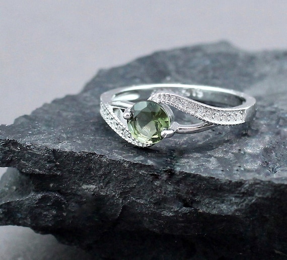 Sterling Silver Moldavite Ring 6mm Stone, Authentic Moldavite