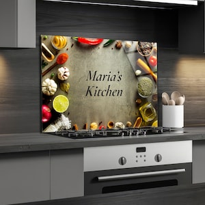Benutzerdefinierte Herd Backsplash, Küchenwanddekor, hitzebeständige Wandkunst aus gehärtetem Glas, personalisiertes Geschenk, dekorative Fliesen, Kulinarische Köstlichkeiten