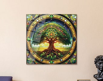 Stellar Harmony Tree Art in Tempered Glass for Zen Home Decor, Tree of Life  Glass Wall Art for Serene Office, Glass Poster for Family Gift