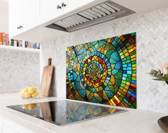 Vibrant Spiral Tempered Glass Stove Backsplash, Colorful Kitchen Upgrade, Artistic Spiral Design Kitchen Backsplash Tile, Stove Top Cover