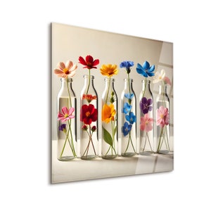 Kleurrijke bloeiflessen - kunst aan de muur van gehard glas, bloemen muur decor, kleurrijke bloemen kunst aan de muur, bloemen artwork print schilderij, cadeau voor thuis
