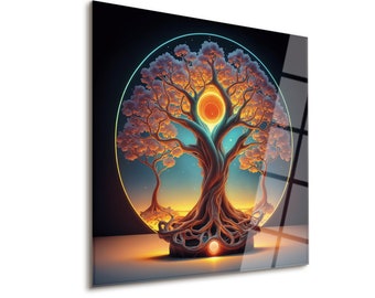 Tree of Life Tempered Glass Wall Art for Zen Home Decor, Spiritual Tree Figure Glass Poster for Peaceful Home Atmosphere, Yoga Lovers Gift