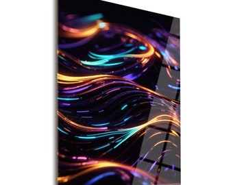 May include: Abstract digital art print featuring a swirling pattern of neon orange, blue, and purple lines on a black background.