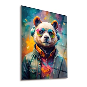 Groovy Panda Hartowane Szkło Ścienne Sztuka, Kolorowa Panda Dekoracja Ścienna, Zawieszki Ścienne, Prezent Miłośnika Pandy, Obraz Z Nadrukiem Pandy
