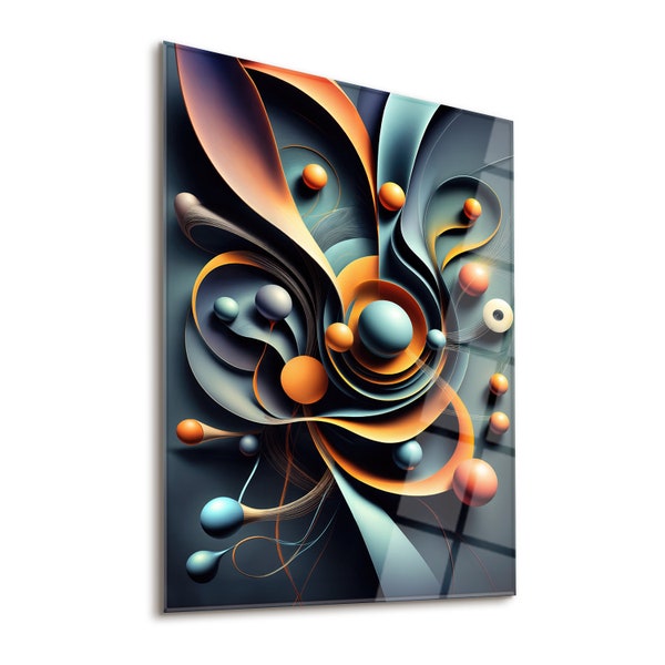 Unique Design Tempered Glass Art with Orange and Blue Colors, Modern Living Room and Bedroom Wall Decoration, Tempered Glass Wall Art
