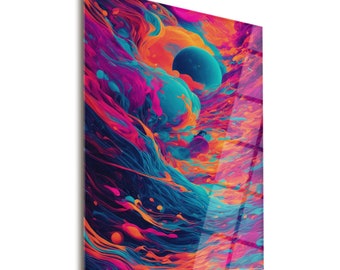 May include: Abstract digital art print featuring swirling, vibrant colours of blue, orange, pink, and purple. The colours create a dynamic, fluid pattern that resembles a galaxy or nebula.