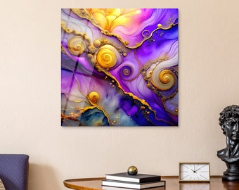 Vibrant Purple and Yellow Tempered Glass Wall Art, Modern Home Decor with Glass Poster, Office & Home Decor