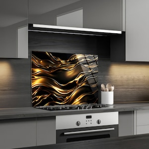 Modern Black Gold Stove Backsplash Kitchen Wall Decor, Tempered Glass Wall Art Tile, Sink Backsplash Panel, Decorative Tiles, Silken Waves