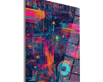 Cyber Call Abstract Design - Tempered Glass Wall Art in Pink Orange, and Blue, Vibrant Glass Poster, Modern Home Decor