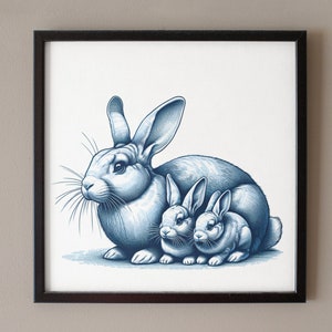 Rabbit family for home decoration, country house, children's room, living room. Classic and realistic style wall art. Printable art