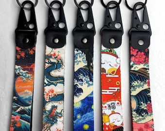Japan Theme Woven Keychain, van Gogh and Hokusai Key Accessories Wallet Trinket