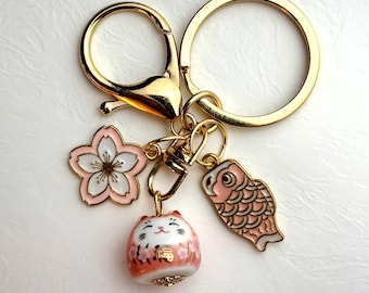 Cute Japanese Style Cat Keychain, Blue and Pink Ceramic Cats Metal Keychains