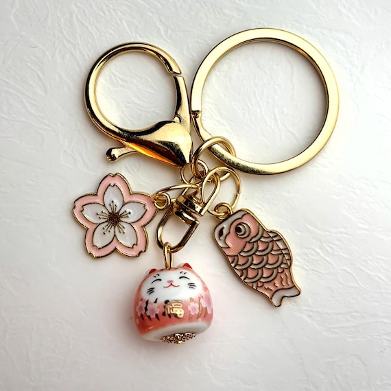 Cute Japanese Style Cat Keychain, Blue and Pink Ceramic Cats Metal Keychains