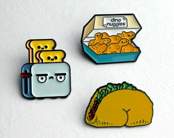 Food Pins, Cute Enamel Pin Jacket Garment Badge Food Lover Metal Pins Funny Gift Idea Aesthetic Accessories Dino Nuggies Treat Toaster Taco