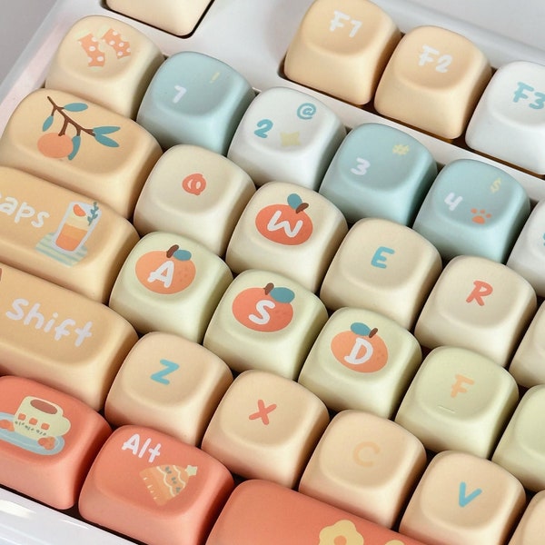 Orange Soda • Cute PBT ISO Kawaii Keycap Set for Mechanical Keyboard, XOA Profile, Dye-Sub Process, Mx-Switches, 132+10pcs
