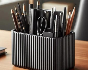 Moderne bureauopberger – stijlvolle pennenhouder | Zwarte 3D-geprinte potloodbeker voor op kantoor, thuis of op studeertafel | Minimalistische bureauopslag