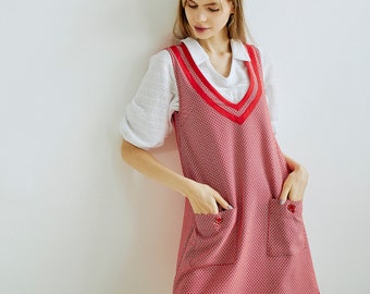 Back To School A-line Georgette Overall Dress. Red & White. Buttoned Patch Pockets. Ready To Wear