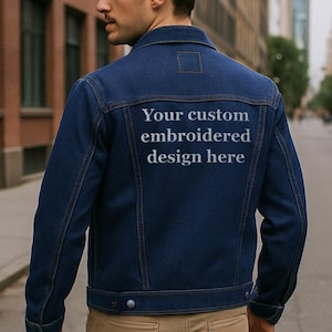 Custom Embroidered Logo Text Denim Jacket | Personalized Embroidery | Unisex Jean Jacket | Monogram Company Name | Denim Jacket Gift Ideas